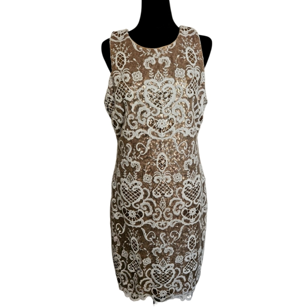 Badgley Mischka Cream & Gold Lace Overlay  Sequin Sleeveless Dress Size 12 (L)